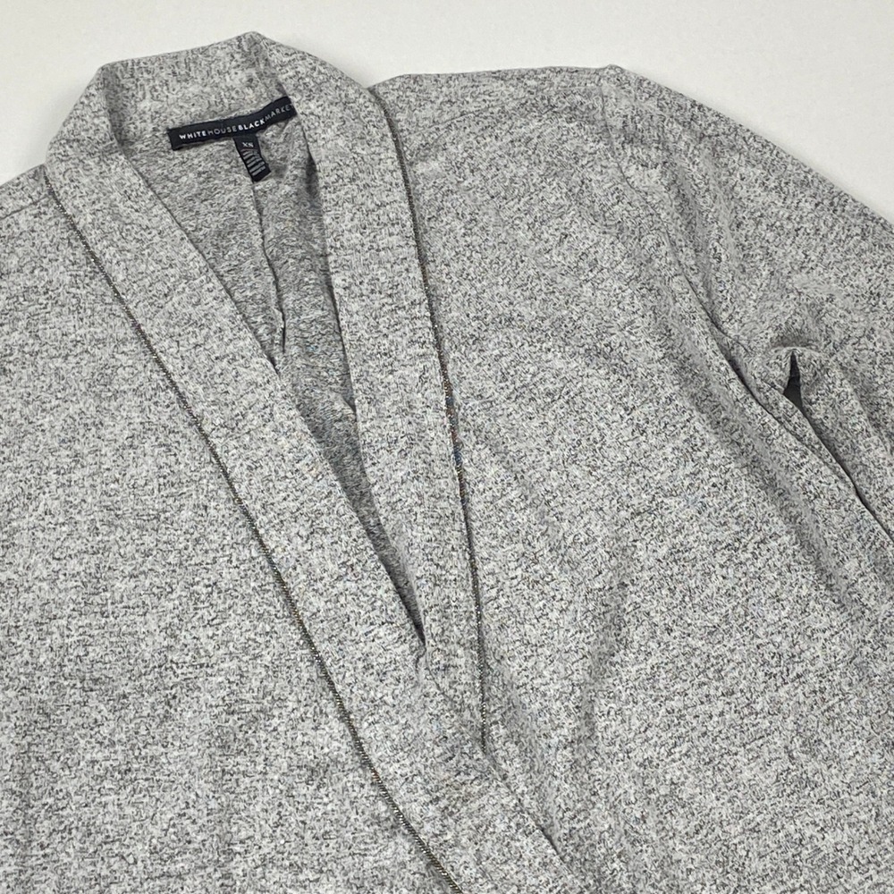 White House Black Market Marled Open Front Draped Cardigan XS Gray w/ Chic Trim